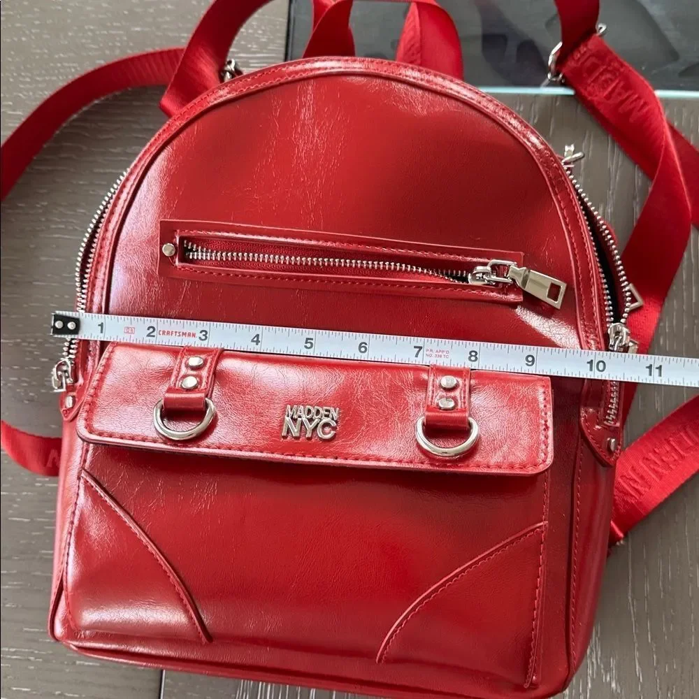 Madden NYC Red Patent Faux Leather Backpack Travel Everyday Wear Bag Casual EUC
